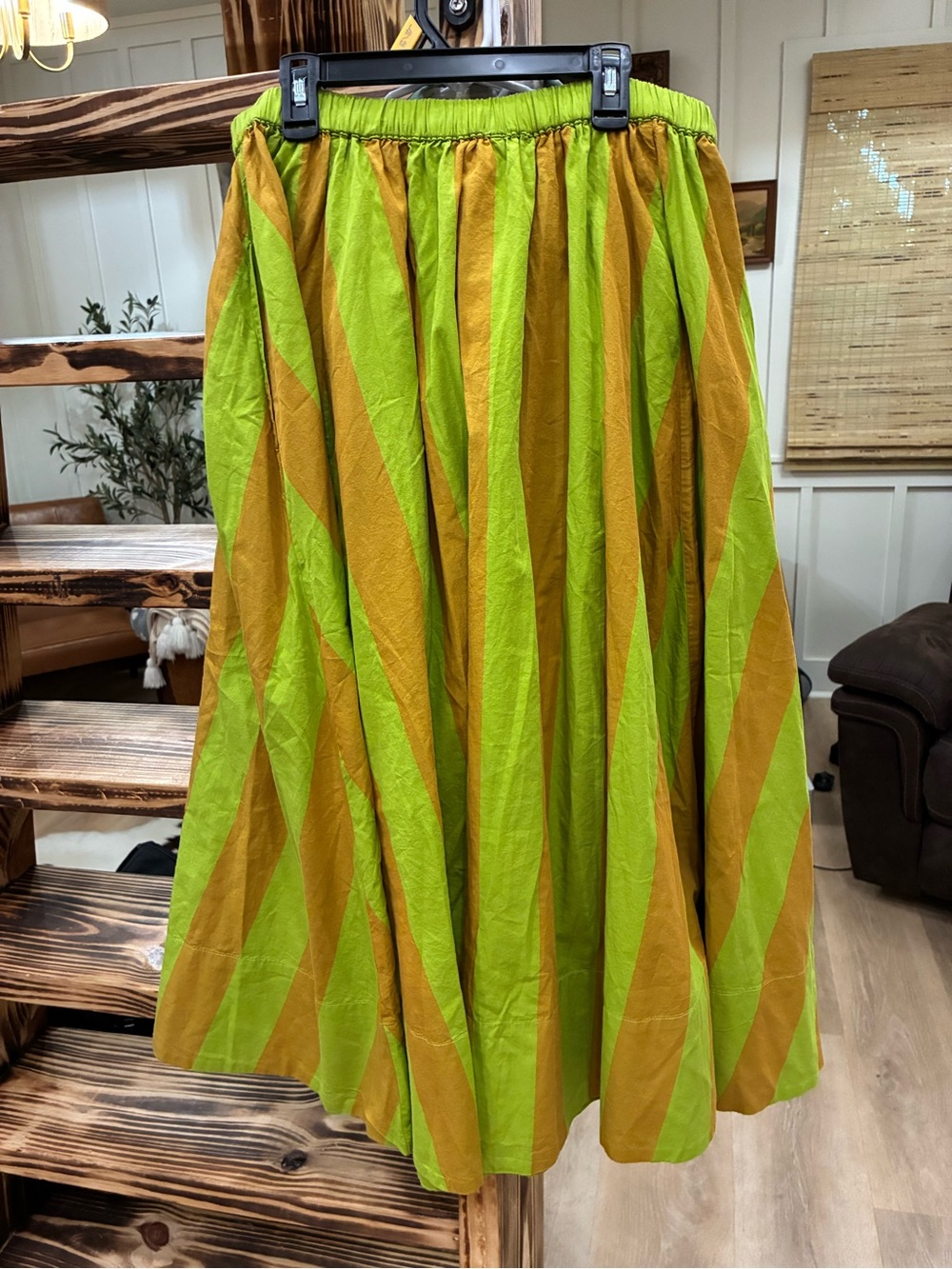 Free People Lime Green and Mustard Striped Circle Skirt